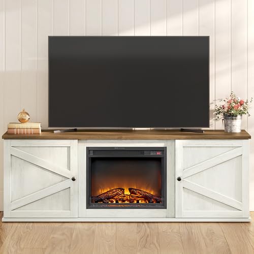 VASAGLE Fireplace TV Stand for TVs up to 80 Inches, 18-Inch ELectric Fireplace with Remote, Farmhouse Entertainment Center, Media Console Table for Li