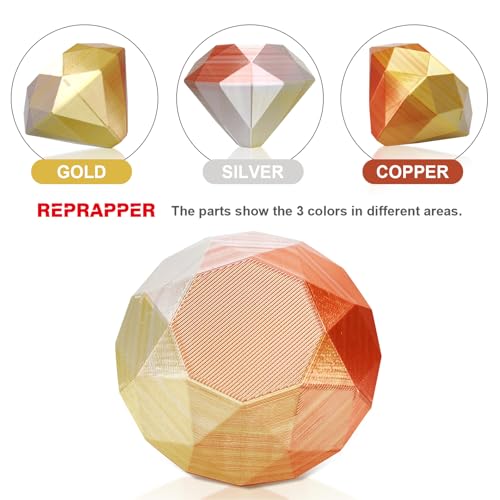 Image of Reprapper Triple Color Filament Dual Extrusion PLA Filament 1.75mm for 3D Printer, pla Filament 1.75mm Multicolor Like Dual Color 2.2lbs (1kg), Silk PLA Gold /Silver /Copper