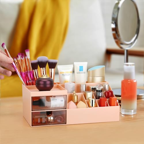Image of LETURE Desk Organizer, Cosmetic Makeup Vanity Organizer Box, Bathroom Counter Makeup Storage for Eyeshadows, Skin Care, Concealers, Powders, Nail Polish (Pink Color)