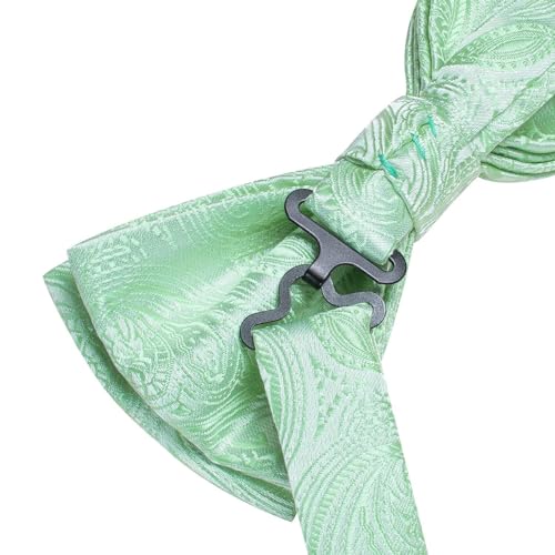 Image of Dubulle Mint Green Mens Bow Tie Set Pre-tied Paisley Striped Bowtie for Men and Pocket Square Cufflinks Wedding Business