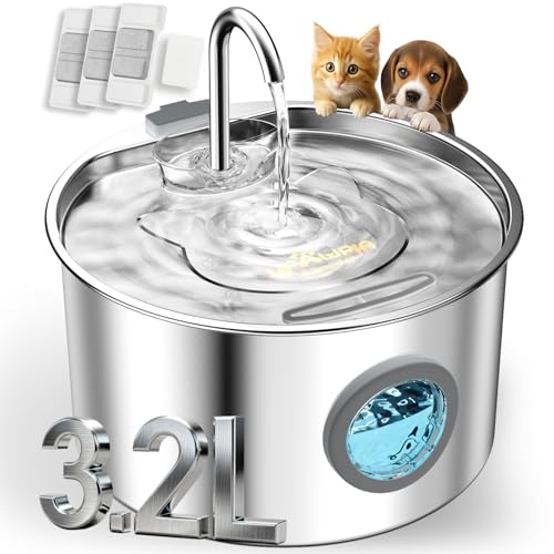 UPAWPIA 3.2L Katzenbrunnen Edelstahl mit 3 Filtern Trinkbrunnen für Katze Katzenbrunnen für Katzen mit Wasserstandsfenster Ultra leise Wasserbrunnen für Katzen Cat Water Fountain mit LED Licht