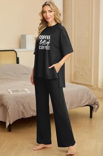 Image of PrinStory Womens Pajamas Sets 2 Piece Lounge Set Short Sleeve Tops and Long Pants Soft Pjs Loungewear with Pockets