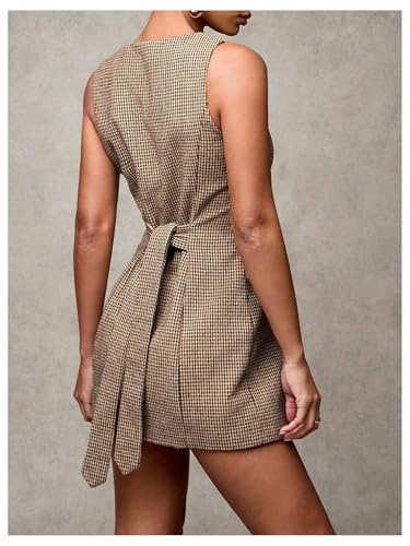 SOLY HUX Women's Plaid Button Down Dress Crew Neck Sleeveless Tie Back Work Office Mini Dresses2
