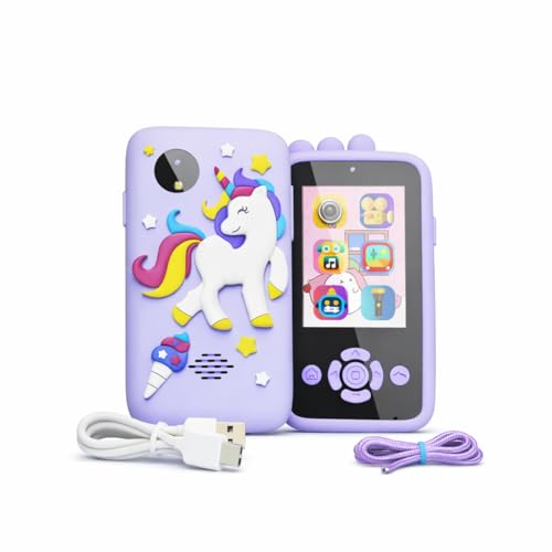 Image of Brand Conquer Kids Mobile with Digital Camera 2.4 inch IPS Screen, 1080P HD Video, 40MP Photo, Flash Light, 6 Games, MP3 Player, Type-C Port, 32GB Expandable, Silicone Cover with Rope & Cable (Purple)