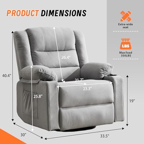 Image of Rocking Recliner Chair for Adults, 360 Swivel Rocker Recliner with Massage and Heating, Manual Glider Rocking Chair with Cup Holders for Living Room Bedroom Nursery(Light Gray)