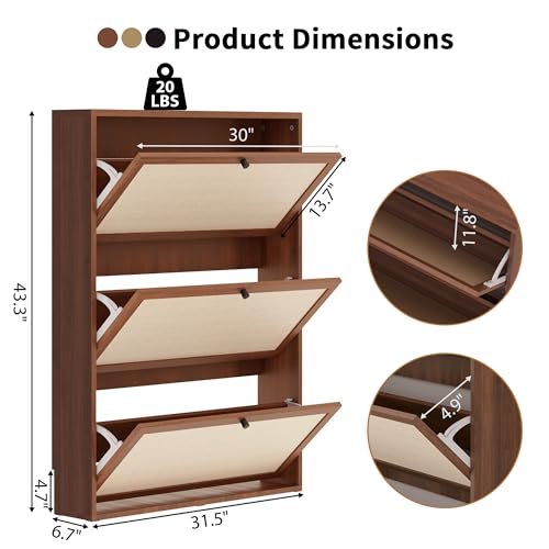 AVZEAR Narrow Shoe Storage Cabinet for Entryway with Natural Linen Panel, Freestanding Slim Shoe Cabinet with 3 Flip Drawers, Wood Shoe Organizer Closed Shoe Rack for Hallway, Living Room(Walnut)