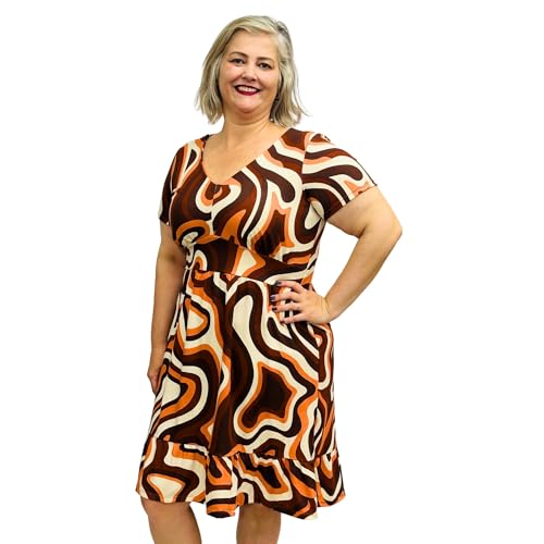 Vestido Estampado Feminino Plus Size Gola V Midi Manga Curta Frente Dupla