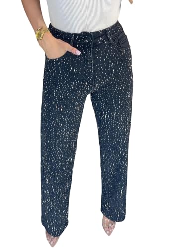 Women's Rhinestone Jeans High Waist Sright Leg Baggy Y2K Sparkly Vintage Wash Trousers Denim Pants