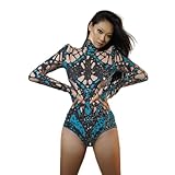 Fashion Goldenblue Glitter Printed Bodysuit Pole Dance Leotard Sexy Party Nightclub Bar Celebrate Drag Queen Outfit (blue, One Size)