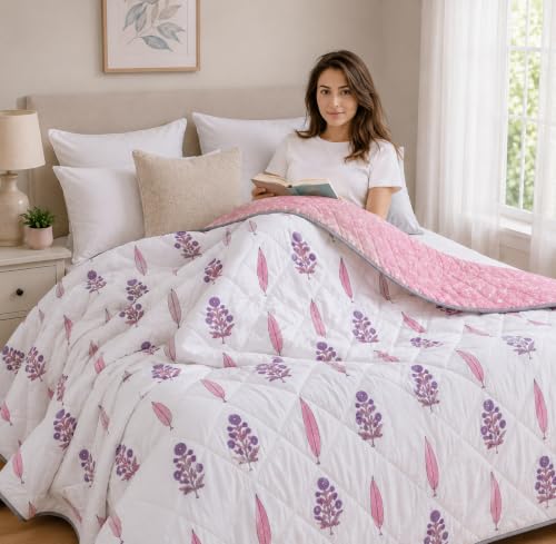 Image of RRC Double Bed Jaipuri Quilt | Floral Print Cotton Razai | 200 GSM Lightweight AC Comforter | Soft Summer Rajai for Home | Pack of 1