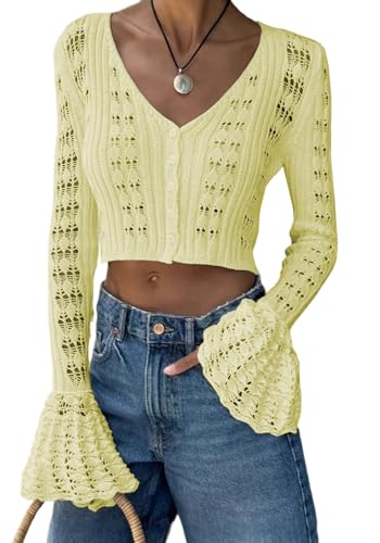 Image of Women Summer Crochet Cardigan Sweater Long Sleeve Button Hollow Out Lightweight V Neck Cropped Knit Cardigan