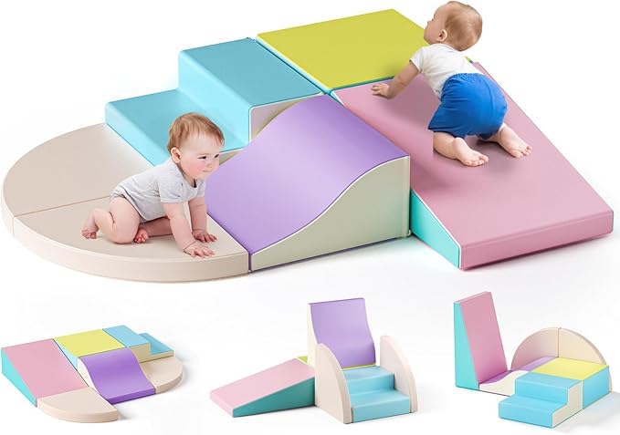 Set da gioco per arrampicata e gattonamento in morbida schiuma da 6 pezzi, pietre da arrampicata modulari in pelle PU per bambini, giocattoli educativi per bambini, per interni ed esterni (6p-Macaron)