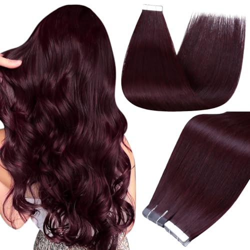 Image of Full Shine Hair Extensions Wine Red 99J Tape in Hair Extensions Human Hair 22Inch Tape in Extensions Invisible Human Hair Extension Burgundy Seamless Skin Weft Hair 50Gram 20Pcs Remy for Women