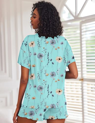 Image of Ekouaer Pajamas Set for Women Short Sleeve Lounge Set 2 Piece Loungewear PJs Soft Cute Lightweight Sleepwear