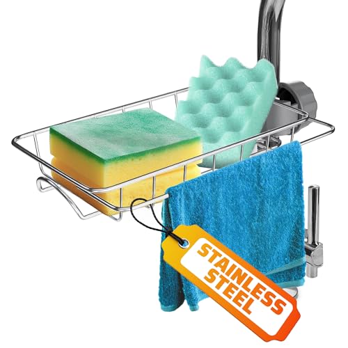 Kitchen Faucet Sponge Holder,Sink Caddy Organizer,Drainer Caddy for Dishwashing,Stainless Steel Faucet Storage Rack Hanging,Shower Shelf Soap Sponge Storage Rack,Holder Sponge (7.48 inch)