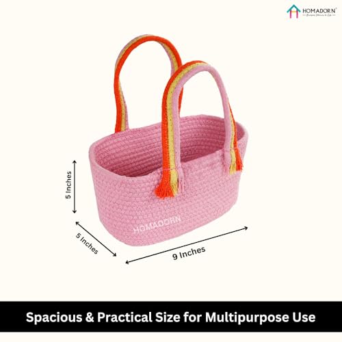 Image of HOMADORN Cotton Storage Basket with Sturdy Handles - Foldable, Durable, and Stylish Organizer for Toys, Clothes,Gifting and Home Essentials (PINK)