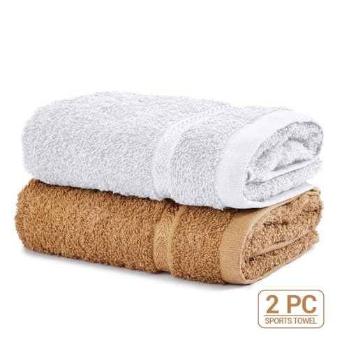 Image of Welspun Arlo Sports Hand Towel Set of 2 | 100% Cotton Gym & Fitness Essential | Soft, Absorbent & Quick Dry Sport Towel | Sweat Control for Workout, Yoga & Travel | 40 x 90 cm | Tan & White