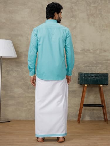 Image of RAMRAJ COTTON Men Full Sleeve Solid Shirt With Matching Border Dhoti|Ideal For Weddings And Occasion