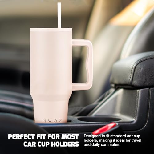 Image of MYOZ 1200ML Stainless Steel Water Mug with Handle, Lid, 2 Straws Leak-Proof Cupholder Tumbler for Gym, Travelling- Spill-Proof 40 oz Bottle (Oatmeal)