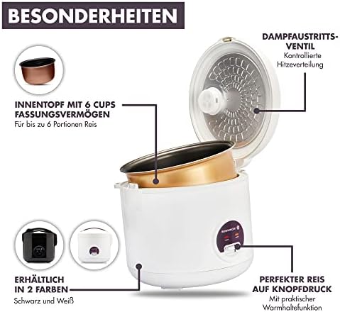 Bild 1 - REISHUNGER Reiskocher & Dampfgarer mit Antihaftbeschichtung - Für 1-6 Personen - Schnelle Zubereitung ohne Anbrennen - Mit Warmhaltefunktion inkl. Dämpfeinsatz, Löffel & Messbecher, Weiß