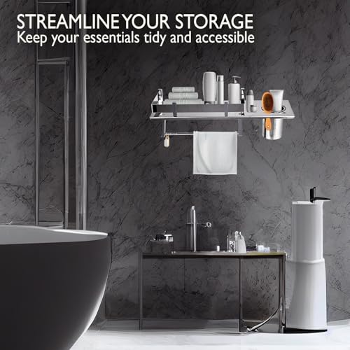 Image of Zureni 3-in-1 Shelf Rack for Bathroom 304 Grade Stainless Steel Towel Hanger Multipurpose Toothbrush Holder Wall Mount Accessories Storage Stand Home Washroom (1pc, 24 inch)