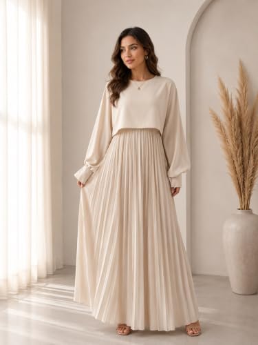 Image of LITZO Women's One Piece Dress - Georgette Solid Color Western Gown | Long Sleeve Round Neck Fit & Flare Flared Hem Design | A-Line Maxi Dress for Women | New Year Party Outfit (NO-17-18)