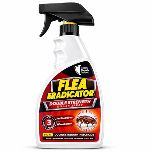 Flea Killer Spray - Double Strength Cypermethrin & Tetramethrin Formula Kills Adult Fleas Eggs and Larvae Fast Knockdown Suitable for Carpets Furniture Floors Cracks Crevices Surfaces - 500ml