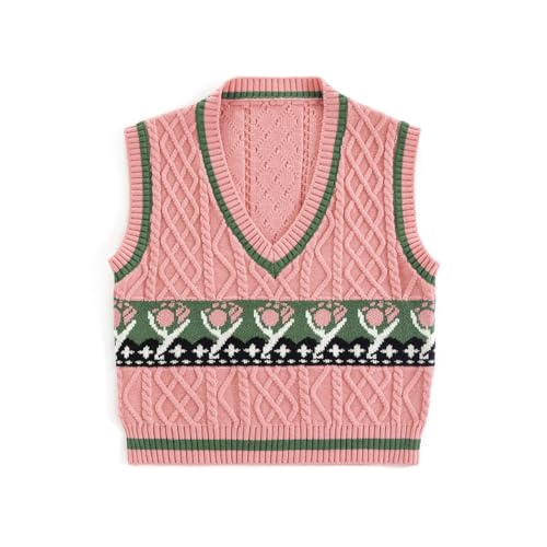 Girls Vintage Jacquard Knit Sweater Vest V-Neck Sleeveless Sweater Pullovers Knitwear