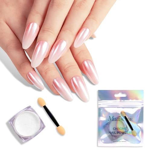 Image of MelodySusie White Chrome Nail Powder for Gel Nails,Pearl Powder Mirror Effect Pigment Pearlescent Mermaid Pigment Pearl Glitter for Home DIY Salon Use Visit the MelodySusie Store