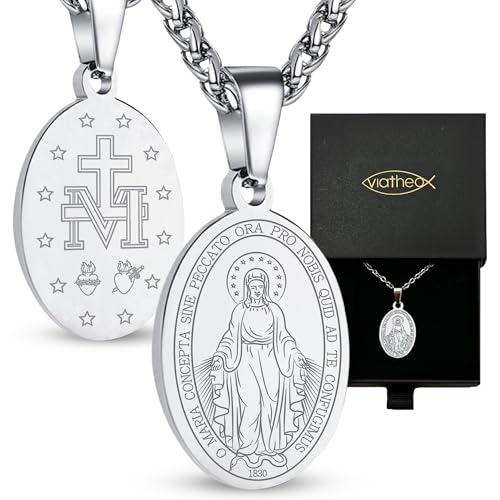Viatheo Médaille Miraculeuse de la Vierge Marie avec Collier – Bijou Religieux Catholique Chaine...