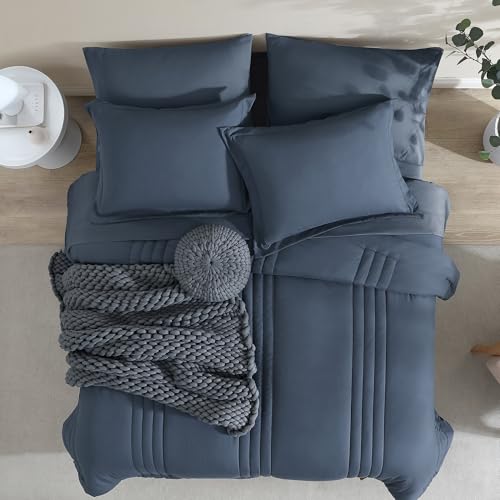 Image of Monbix Full Size Comforter Sets - 7 Pieces Blue Grey Bed in a Bag Full Size Bedding Sets with Comforters, All Seasons Comforter with Sheets, Pillowcases & Shams