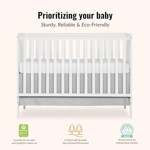 Dream On Me Synergy 5-in-1 Convertible Full-Size Baby Crib with Toddler, Day & Full Bed Conversion in White, GreenGuard Gold & JPMA, 3 Mattress Heights, Sustainable Pinewood