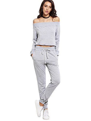SweatyRocks Women's Two Piece Crop Top and Sweat Pant Set Sport Tracksuit Outfit Grey S