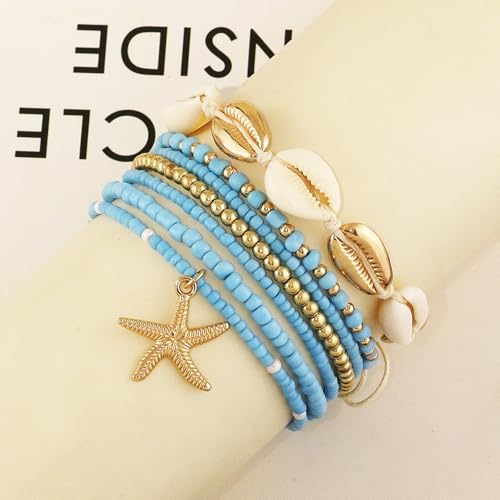 Image of Shell Anklets Bracelet for Women Waterproof Surfer Starfish Bracelet Puka Shell Anklet Colorful Boho Stack Stretch Bead Bracelet Set Hawaii Summer Beach Vacation Foot Jewelry