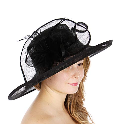 SERENITA Dress hat Women, for Church Party Bridal Wedding Cocktail, Wide Brim Flower Cloche Bucket, Black 12