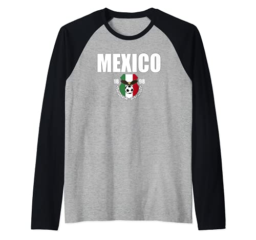 Mexico Big Bold Text Soccer Ball Centre Flag Raglan Baseball Tee, Black