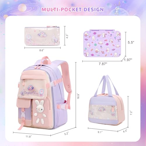 Girls Backpack with Bento Lunch Box Set, Kawaii Bunny School Backpack for Girls with Leak-proof Lunch Containers Lunch Bag Pencil Case for Kindergarten Elementary Preschool School Purple2