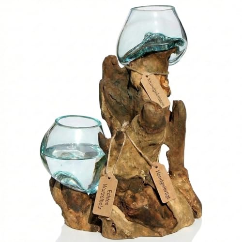 Wogeka - Double vase en verre sur racine de bois Gamal - Ø verre 9-10 cm, travail manuel, pièce unique en bois comme idée cadeau pour la décoration Do10L
