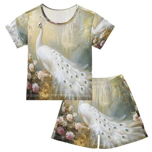 ALAZA White Peacock Peony Blossom Pajamas Set Short Sleeve Cotton Sleepwear Summer Pjs 2 Piece 5-14Y