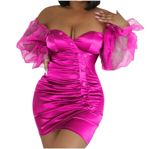 Bodycon Mini Dress for Women Sexy Evening Clubwear Elegant Tight Folds Cocktail Dresses Party Club Smocked Dress Casual Basic Pencil Dress Ladies Off Shoulder Mesh Long Sleeve Dresses Pink
