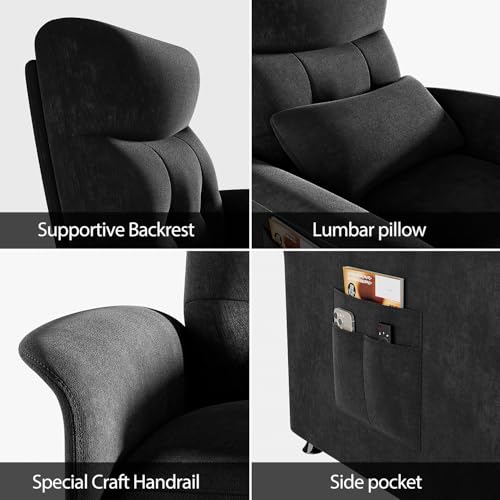 Image of Power Recliner Chair for Adults with Heat & Massage - Soft Fabric Electric Reclining Sofa with Remote Control, 3 Side Pockets, 180 Lay Sleeper for Living Room Home Theater, Black
