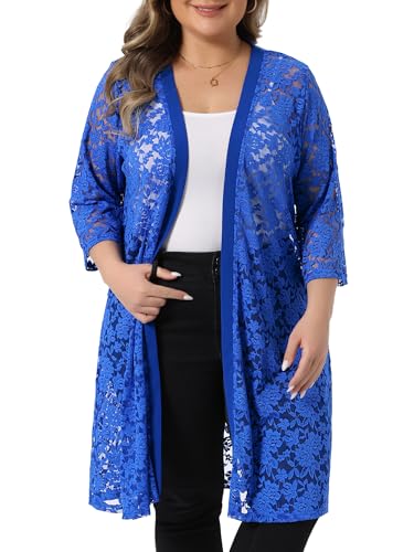 Image of Agnes Orinda Women Plus Size Lace Cardigan 3 /4 Sleeve Cover Up Jacket | Lightweight Crochet Contrast Panel Open Front Kimonos Casual Weddiing Cocktails Party