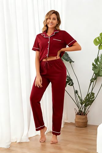 Image of 100% Cotton Pajama Sets for Women 2 Piece Long Sleeve Button Down Pjs Soft Comfy Ladies Sleepwear Lounge Sets S-XL