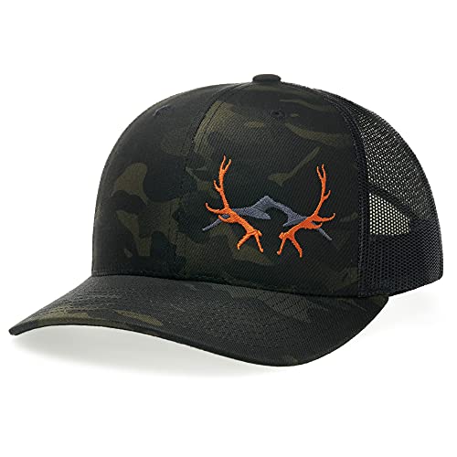 LARIX Elk Mountain Multicam Black Trucker Hat, Elk Hunting Hats Black Camo Hat