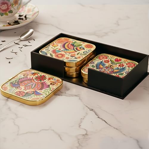 Image of Rousrie Stylist Modern Wooden Coasters with Golden Border | Set of 6 | Stand Included Premium Handmade Coaster for Tea Cups, Coffee Mugs, Beer Mugs, 10 by 10 cm (Bohemian Pattern)
