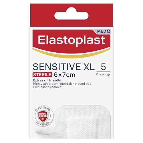 Elastoplast Extra agradable a la piel, sensible y estéril, impermeable XL, almohadillas antiadherentes altamente absorbentes, sin dolor para quitar 5 apósitos cada 6 x 7 cm