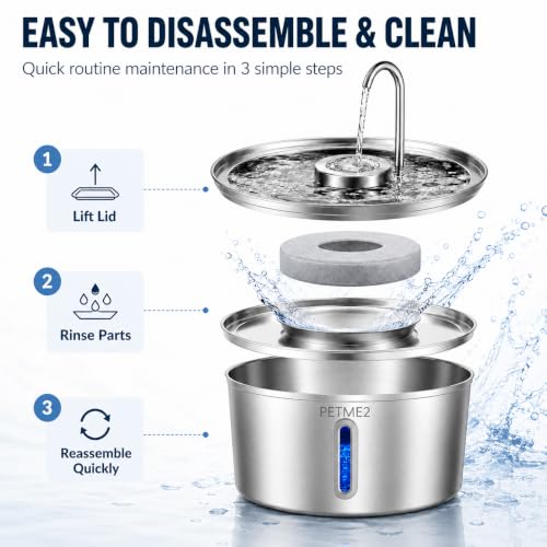 PETME2 Stainless Steel Cat Water Fountain 108oz/3.2L, Dog Water Fountain for Cats & Dogs Indoor, LED Light, Quiet Pump, Faucet & Bubbling Dual Flow Modes, 4-Layer Filter, Dishwasher Safe - image 4