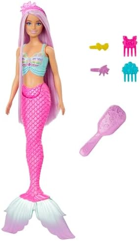 Barbie Meerjungfrau Puppe mit 18 cm langem pinkfarbenem Fantasiehaar | mit buntem Zubehör zum Stylen wie Haarreif und Haarspangen