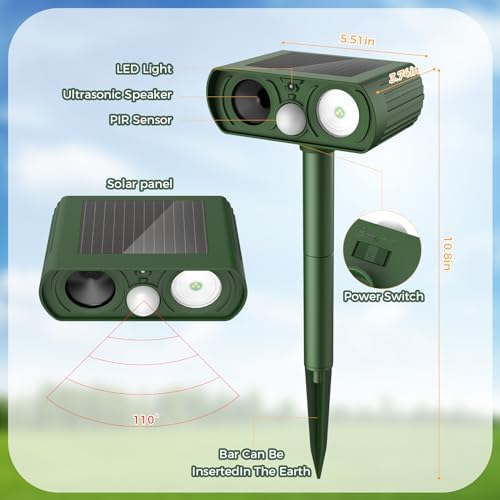 Upgraded Solar Ultrasonic Animal Repellent Outdoor, Deer Repellent Devices Squirrel Cat Raccoon Rabbit Dog Deterrent, Keep Skunk Away Motion Detection with Flash Light for Yard Garden Lawn 2PACKGreen — view 4