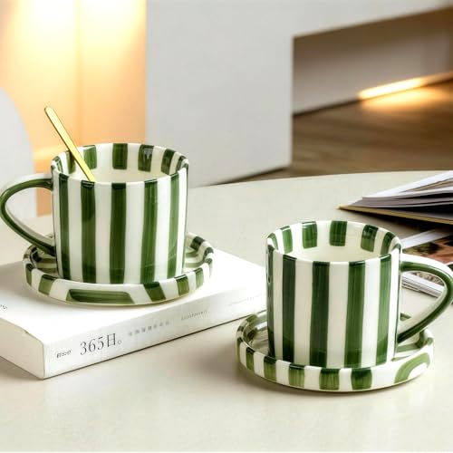 Ceramic Coffee Mug, Large Hot Chocolate Mugs 8oz Novelty Mug with Saucer, Cute Pottery Tea Cup Hand-Painted Striped Art Multiple Use for Kitchen, Office(Green) - Image 5